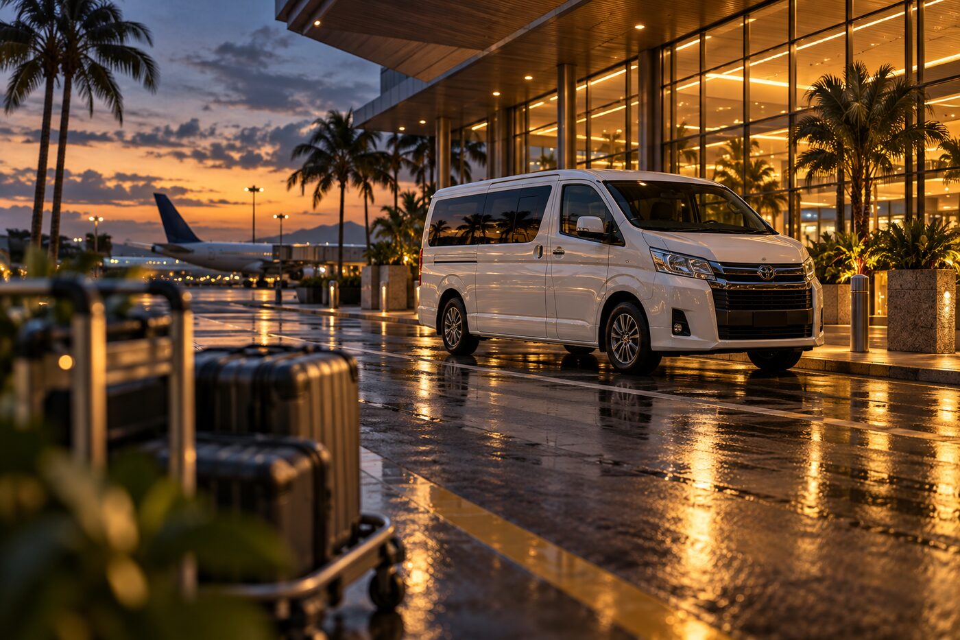 Charter van waiting at an airport terminal kerbside